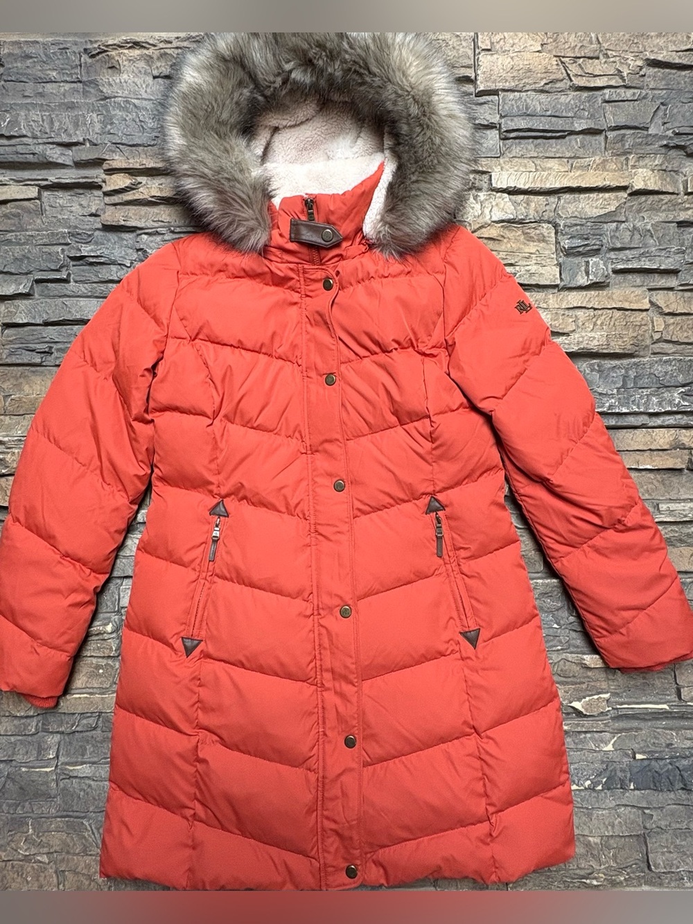 Ralph Lauren Women’s Down Puffer Jacket Sz M Detachable Fur Hood Orange Rust